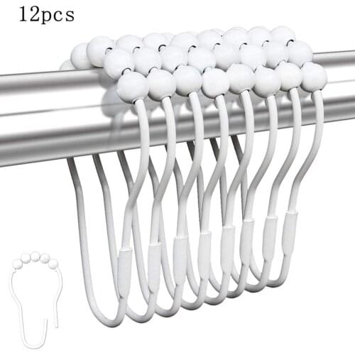 12Pcs Curtain Hooks Solid Color Shower Curtain Hanging Ring with Metal Bearing Ball for Bathroom Washroom Living Room Home Decor