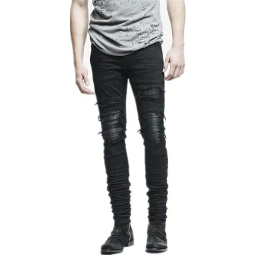 New Dropshipping Men Ripped Biker Jeans Distressed Moto Denim Joggers Destroyed Knee Leather Pleated Patch Jeans