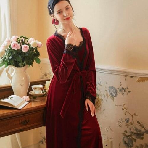 Velvet Womens Robes Set Night Dress Court Style Winter Sling Nightdress Home Wear Wine Red Long Gown Nightie Phoentin FG273