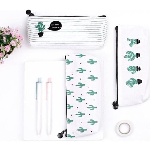 Fresh Cute Cactus Green Plants Canvas Pen Pencil Bag Student Stationery Kids Storage Stationery