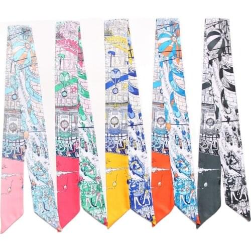 New fashion womens silk scarf Paris street view twill printing pareo beach tied bag ribbon scarf for hair female JK11