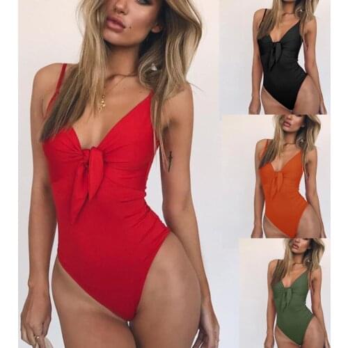 Solid Color Bow One Piece Swim Suit Womens Sexy Monokini Simple Fashion Bathing Suit Women One Piece Swimwear