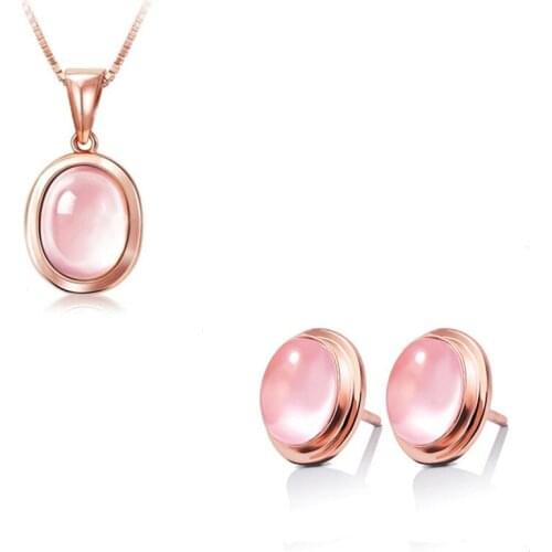 Top Quality Silver 925 Necklace Earrings Set For Women Jewelry Charms Crystal Pink Oval Pendant Girls Choker Necklaces Female