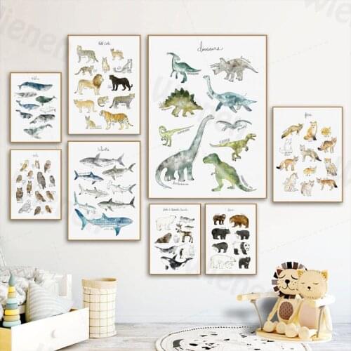 Mural Cartoon Animal Canvas Painting Dinosaur Lion Fox Deer Animal Art Poster Print Nordic Home Decor Nursery Baby Room Wall Art