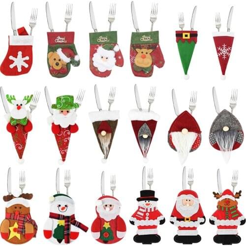 Christmas Decoration Santa Snowman Kitchen Tableware Holder Bag Fork Knives Pocket Cover Cutlery Xmas Party Dinner Table Decor