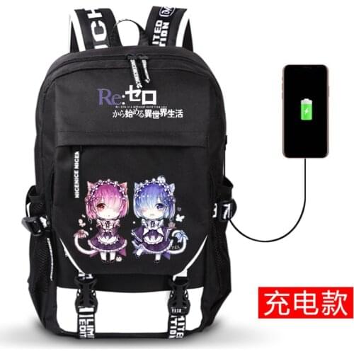 Ram Rem Cartoon Backpack Re:Life In A Different World From Zero School Bag USB Charging Teenager Bookbag Laptop Shoulder Bag