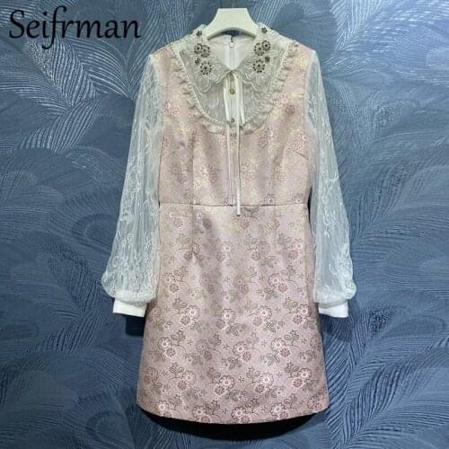 Seifrmann New 2021 Summer Women Fashion Designer Party Short Dress Lantern Sleeve Ruffles Lace Printed Ladies Dress Vestidos