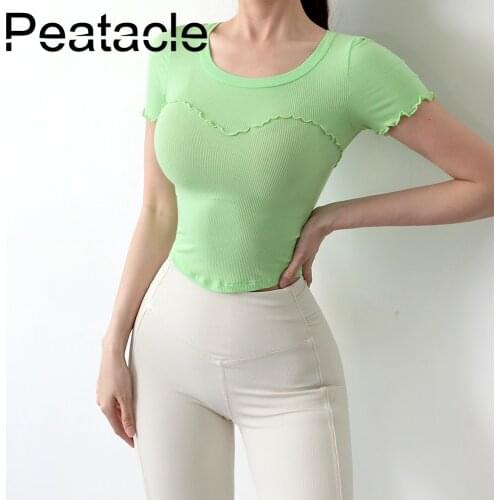 Peatacle Sport Top Womens Navel Breathable Quick Dry Yoga Clothes Short Sleeve Training Fitness T-shirt Summer