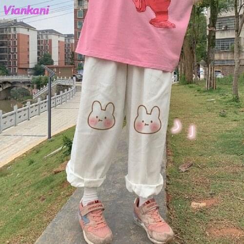 Japanese Sweet Sweatpants Women Cartoon Embroidery Lolita Corduroy Straight Pants 2021 Preppy Style Girls Kawaii Loose Trousers
