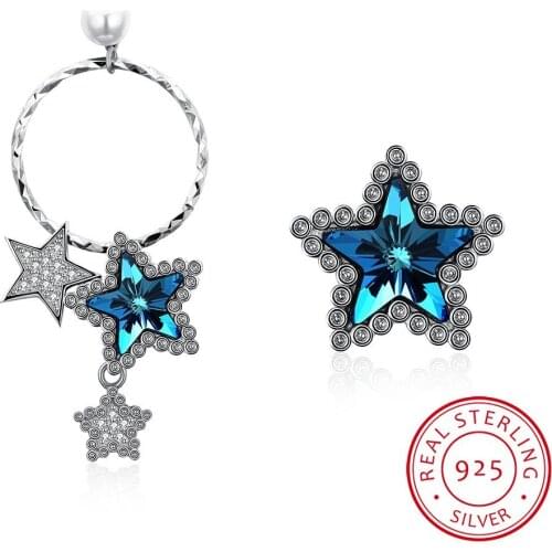 Women Asymmetrical Sterling Silver 925 Stud Earrings Crystals from Lekani Stars Earrings S925 Hoop Dangle Stud Lady Earrings
