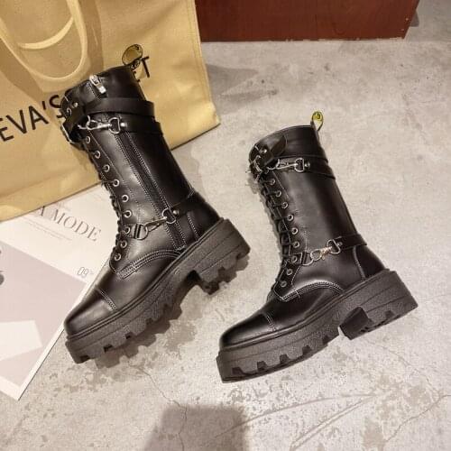 Shoes for Women Black PU Leather Mid-Calf Boots Autumn Winter Round Toe Lace Up Shoes Woman Fashion Motorcycle Platform Shoes