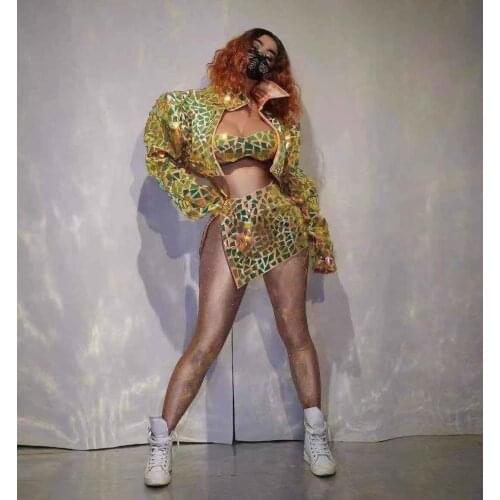 Shing Sequin 3-piece Set Sexy Bra+skirt+Jacket Outfit Women Nightclub Party DJ Stage Wear Hip Hop Singer Dancer Show Costume