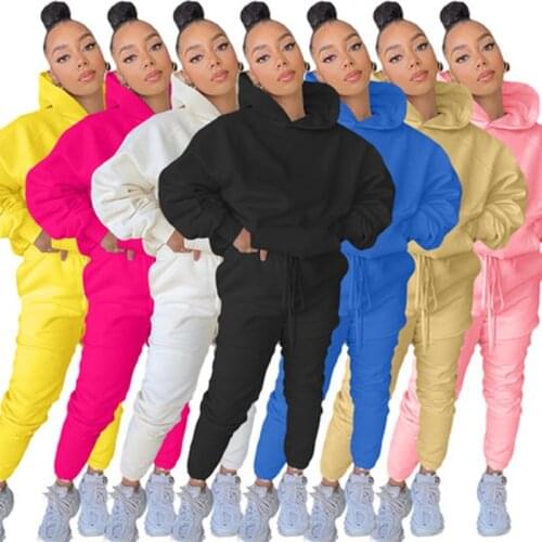 2021 Winter Two Piece Set Women Fleece Long Sleeve Top Hoodie Sweatshirts Sweatpants Pants Jogging Femme Hoodies Tracksuits
