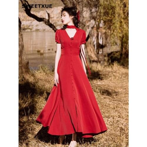 SWEETXUE French Retro Elegant Red Dress Puff Sleeve V-neck Dress Summer Sexy Goddess Slim White Long Party Dresses