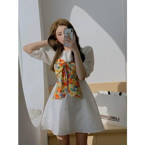 Newest 2021 Summer Fashion White High Waist Women Dress+Temperament Print Bowknot Sleeveless Vest Top Two-Piece Set