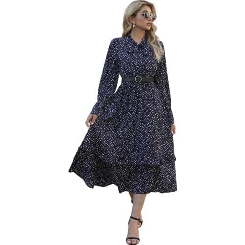 2021 Summer Women Printed Polka Dot Dress High Waist Long Sleeve V-Neck Princess Skirt Casual Elegant Banquet Dress