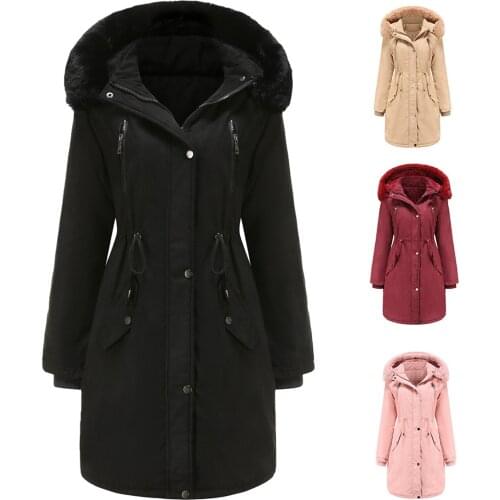 Winter womens Mid-Length Suede Thick Hooded Jacket Detachable Cap Large Fur Collar Cotton-Padded Coat Solid Color Slim Overcoat