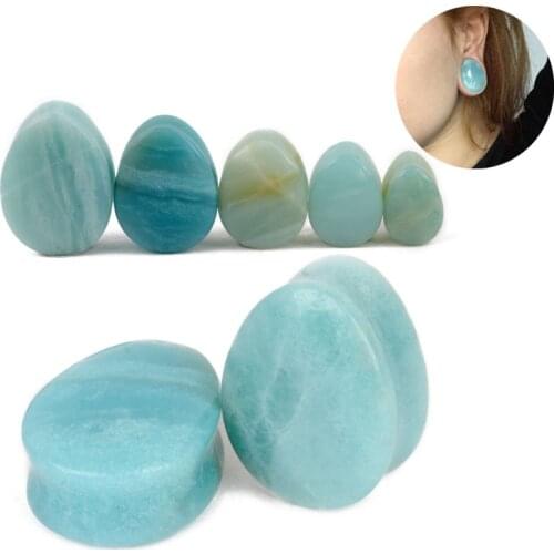 1Pair Natural Stone Amazonite Ear PlugsTunnel ReamerTearDrop oreja dilataciones Big Gauges Body Piercing Ear Expander Stretcher