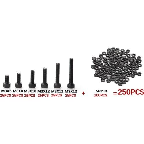 250pcs M3 Cap Head Screws Fastener Sets Hex Socket Bolt With Hex Nuts Hardware Kit