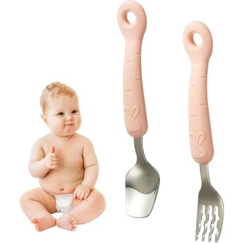 304 SS Baby Training Spoon Fork Set Safety Stainless Steel Feeding Flatware Cartoon Kid Feeder Utensils Feed Spoon Tableware