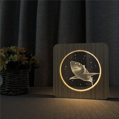 Big Shark 3D LED Arylic Wooden Night Lamp Table Light Switch Control Sports Carving Lamp for Childrens Room Decorate Dropship