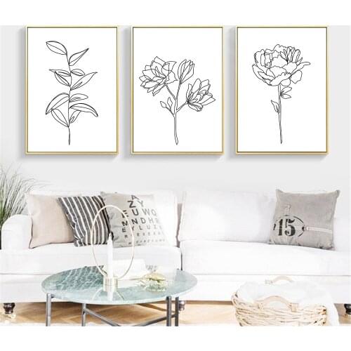 Abstract Leaf Flower Plant Line Drawing Poster and Print Black And White Canvas Painting Minimalist Pictures Living Room Decor