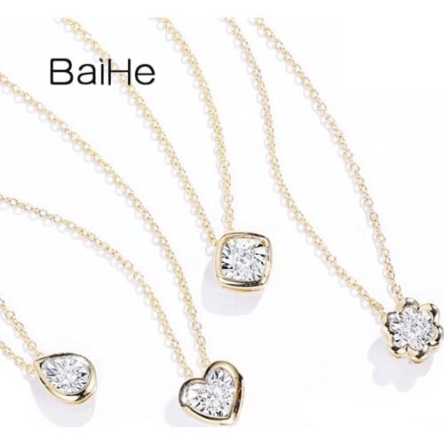 BAIHE Solid 18K White+Yellow Gold 0.03ct Natural Diamonds Fine Jewelry Wedding Heart/Water drop/Flower/Square Necklaces Women