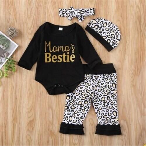 Free shipping Newborn Toddler Baby Girls clothes Leopard print Pants bow Headband Geometry Hat Mamas Bestie Bodysuit 3pc Outfit