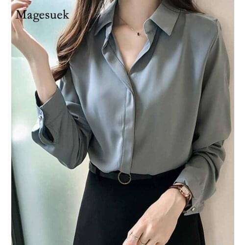 Fashion Solid OL Style Lapel Long Sleeve Shirts Simple Feminine Blusas Top Spring Autumn Women Loose Plus Size Blouses 2020 1181