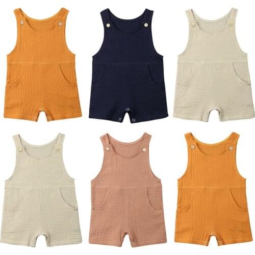 Cotton Newborn Baby Boy Girl Sleeveless Solid Color Pocket Romper Jumpsuit Outfits Summer Clothes 3-24M