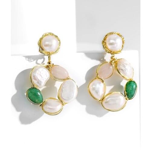 Natural Pearl Unusual earrings Irregular Round White Green Stone S925 Stud Accessories New Korean Fashion Trend Women Jewelry