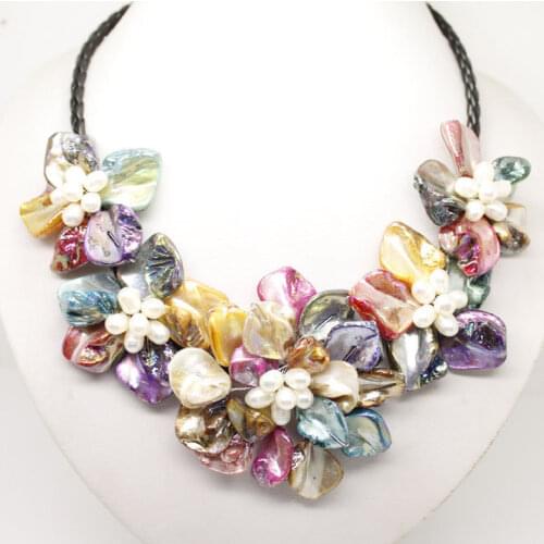 Natural white pearl & Multicolor shell pearl 5 flower pendant necklace long 18inch