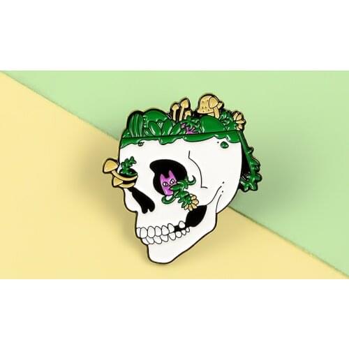 Punk Chic Novel Wild Mushrooms Grassland Skeleton Skull Brooches Fungus Bryophyte Purple Goblin For Women Men Jewelry Gifts