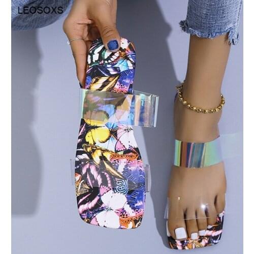 Womens Sandals 2021 Large Size Summer Square Flat Bottomed Non-slip Transparent Candy Colors Beach Slippers