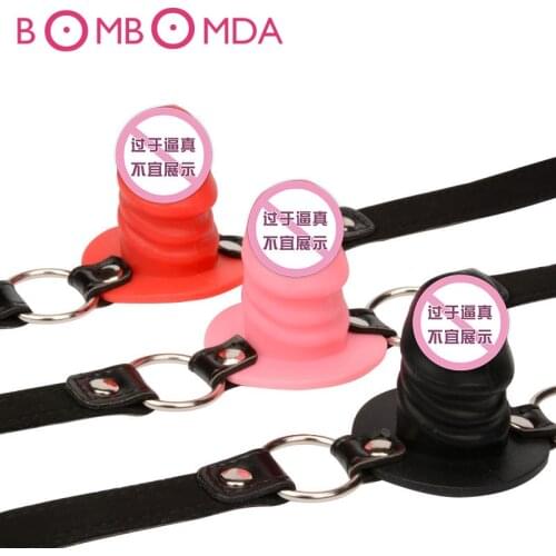 Adult Game Silicone Dildo Gag Oral Sex Penis Mouth Plug Penis Gag With Locking Buckles Leather Bondage Sex Product For CoupleO25
