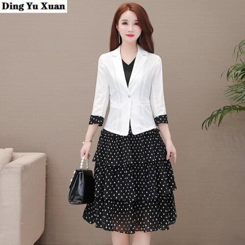 2020 Spring Summer Woman Office Work Blazer Dress Suit for Women White Jacket and Black Knee-length Dresses 2 Two Pieces Set