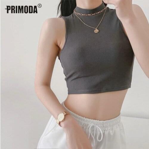 2021 Summer Black Women Harajuku Crop Top High Neck Sleeveless Ribbed Tanks 4 Colors Bodycon Sporty Outfits Streetwear PR2692G