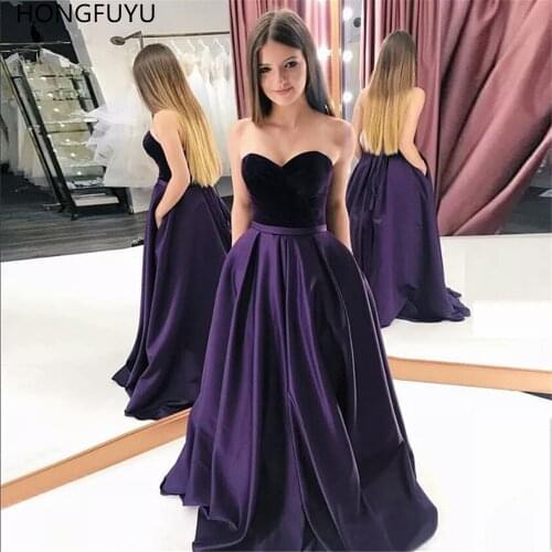 HONGFUYU Satin Dark Purple Prom Dresses with Pockets Sweetheart Sexy Robe De Party Evening Dresses Long Womens Formal Gowns