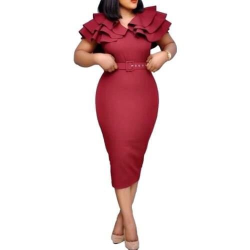 Hot Office Lady Solid Color V Neck Short Ruffled Sleeve Belt Bodycon Midi Dress