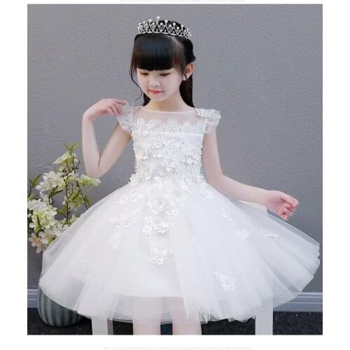 2018 Appliques Girls Party Ball Gown White Lace Flower Girl Dress For Wedding Kids Summer Vestido First Communion Dresses