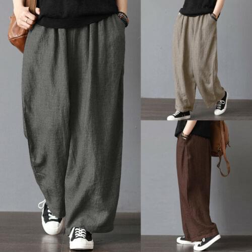 Fashion Men Women Elastic Waist Soft Cotton Linen Long Pants Loose Wide Leg Pants Fit Casual Trousers Plus Size