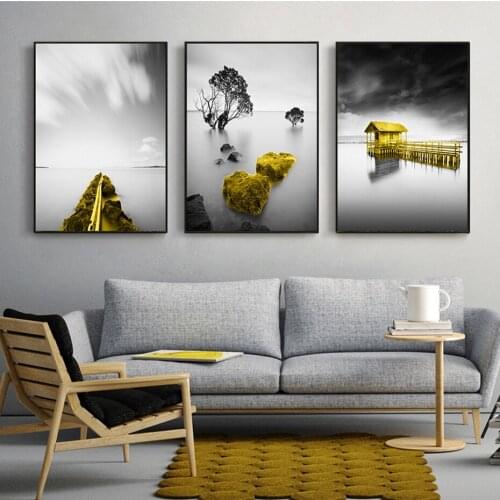 Black and White Lake Poster Abstract Print Canvas Picture Gold Trestle Tree Stone Art for Painting Dining Living Room Wall Decor