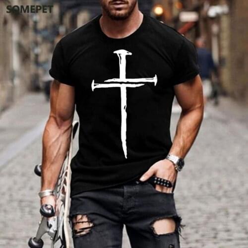 Mens Jesus Christ cross 3d printed t-shirt summer casual all-match fashion short-sleeved oversized round neck streetwear