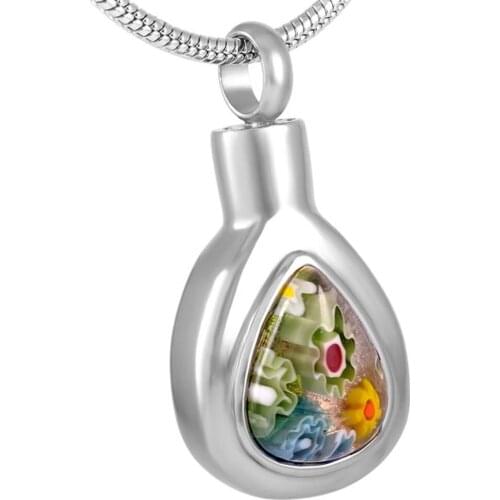 IJD8475 Stainless Steel Inlay Glass Stone Teardrop Urn Cremation Pendant Memorial Necklace Ashes Holder Keepsake Jewelry