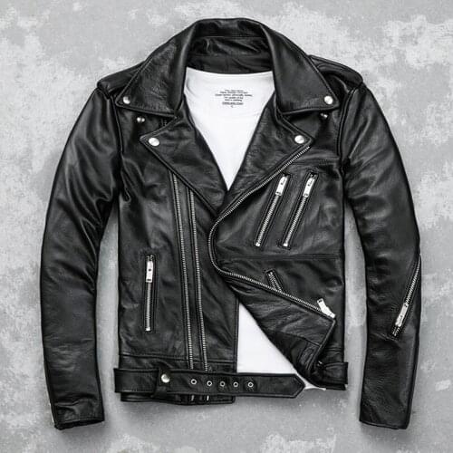 2020 Black Men Bikers Leather Jacket Double Diagonal Zipper Genuine Thick Cowhide Slim Fit Short Motorcycle Coat FREE SHIPPING