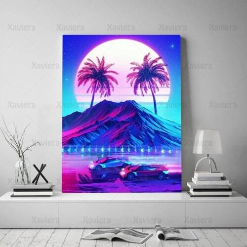 Summer Street Night Wall Art Poster Steam Wave Moon Coconut Tree Canvas Paintings Punk Style Pictures Style Home Decor Bedroom