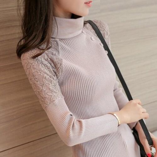 2020 Turtleneck sleeve head dress Korean new winter sweater slim lace stitching short sleeved shirt