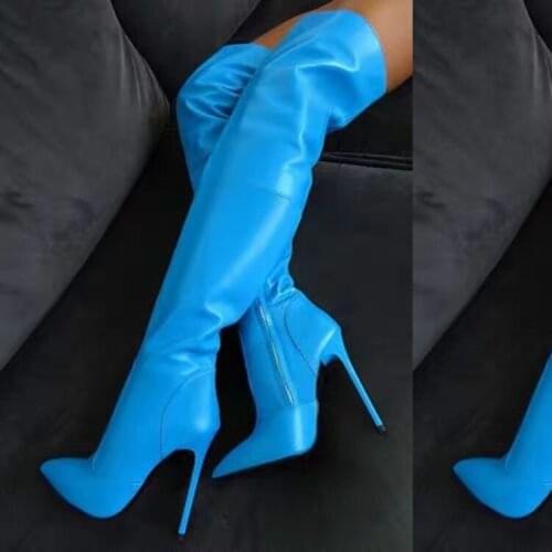 New Stylish Women Winter Over The Knee Boots Thin High Heels Boots Sexy Pointed Toe Blue Party Trendy Shoes Women US Size 5-15