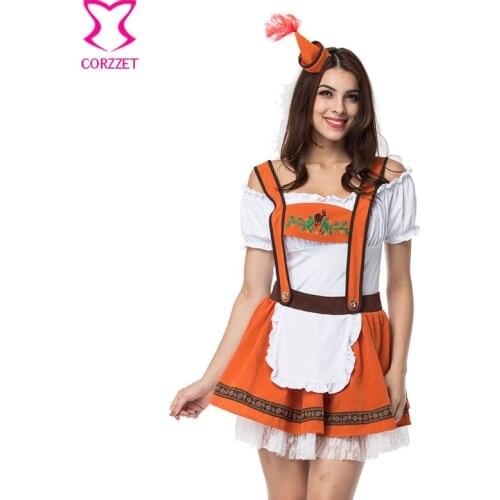 Orange/White Bavarian Oktoberfest Fancy Dress Halloween Carnival Games Cosplay Sexy Beer Girl Costume German Beer Maid Outfits