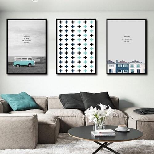 Travel Bule Bus House Landscape Canvas Wall Art Poster Nordic Print Painting Nature Pictures Modern Home Décor Nordic Style